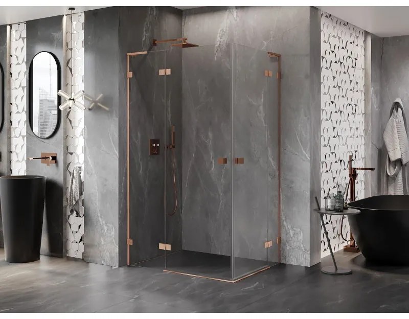 Mexen Lunar, L Duo výklopný sprchový kút 85 x 75 cm, 8mm číre sklo, profil medená matná, 834L-085-075P-65-00
