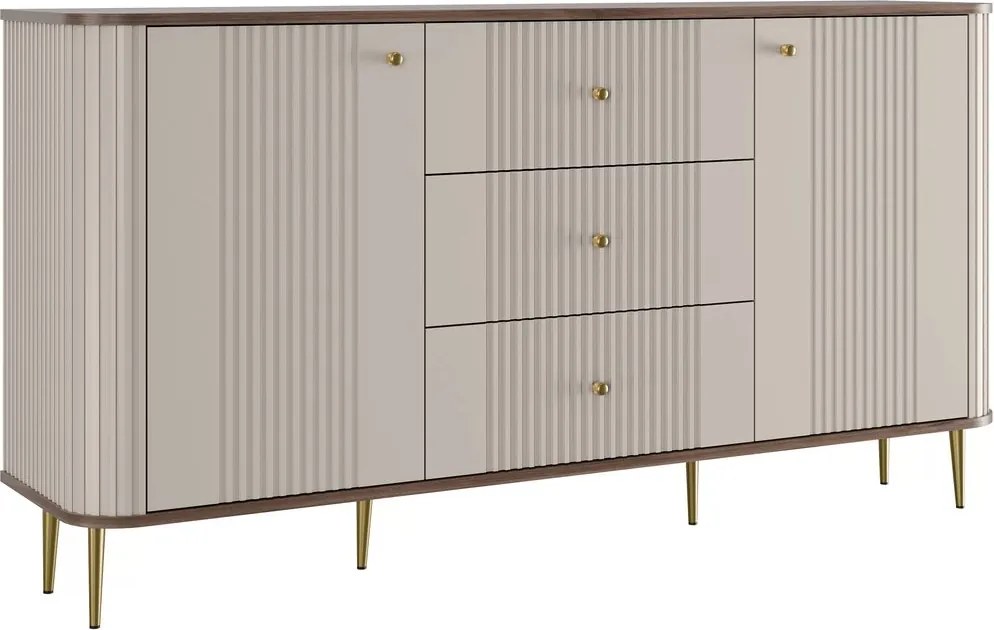 Komoda so zásuvkami Vesper 160 cm na nožičkách - kašmír / orech / zlaté nohy