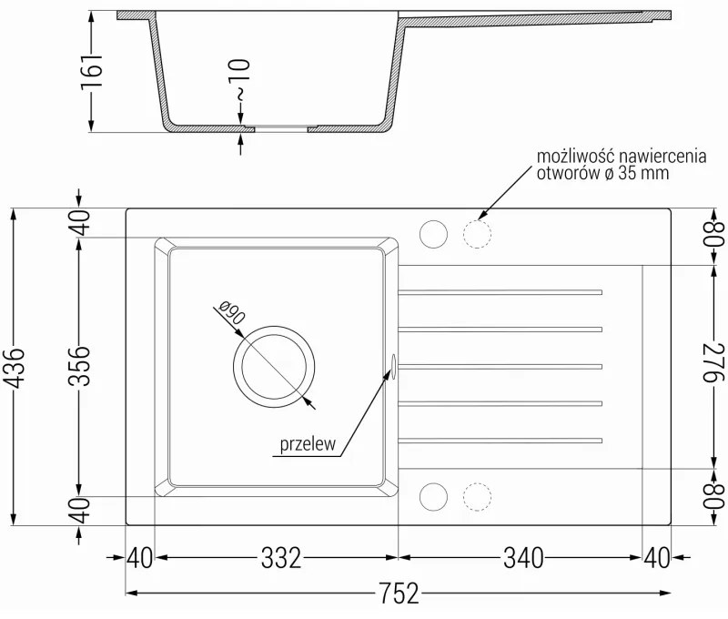 Mexen Pablo, granitový drez 752x436x161 mm, 1-komorový a drezová batéria Carla, šedá, 6510-71-670700-70