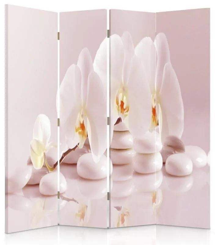 Ozdobný paraván Orchidejové květinové zenové lázně - 145x170 cm, štvordielny, klasický paraván