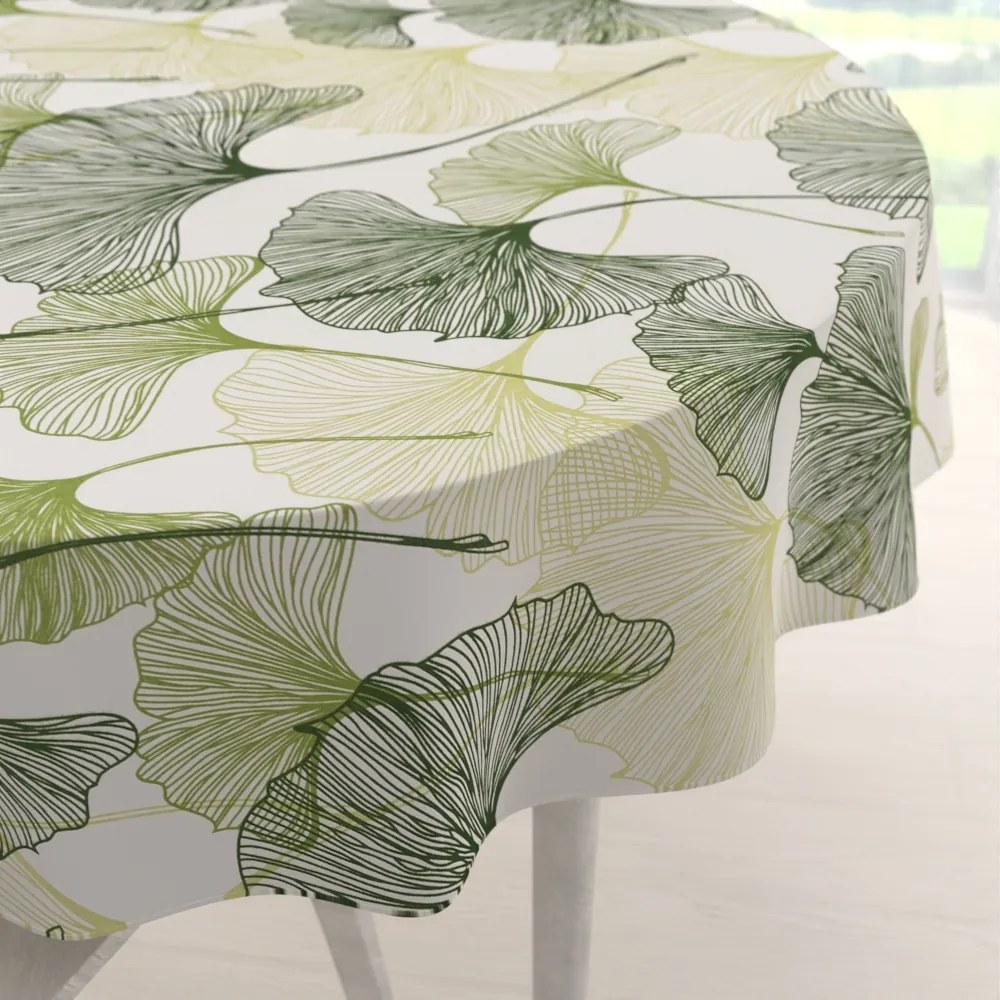 Biante Bavlnený okrúhly obrus Sandra SA-576 Zelené Ginkgo listy na bielom Ø 100 cm
