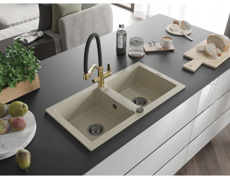 Mexen Mario, granitový drez 820x436x161 mm, 2-komorový a drezová batéria Duo, béžová, 6504-69-671701-57-B