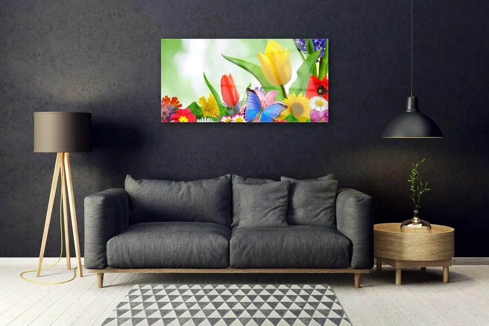 Skleneny obraz Motýľ kvety príroda 120x60 cm