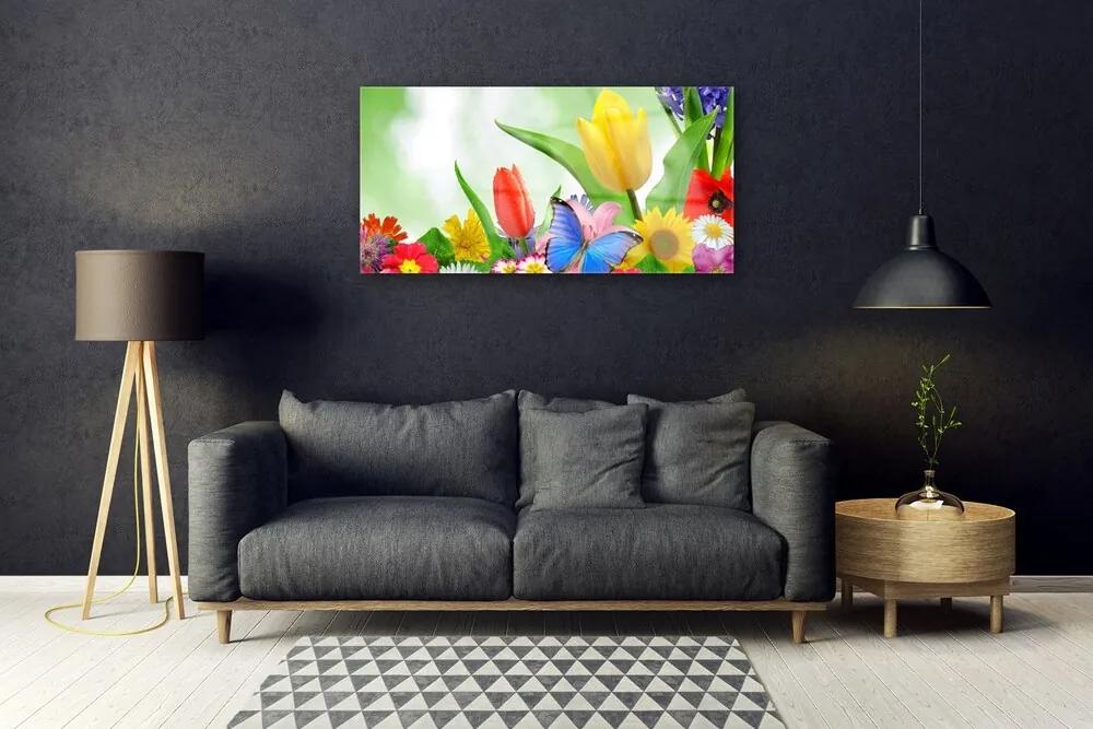 Skleneny obraz Motýľ kvety príroda 125x50 cm