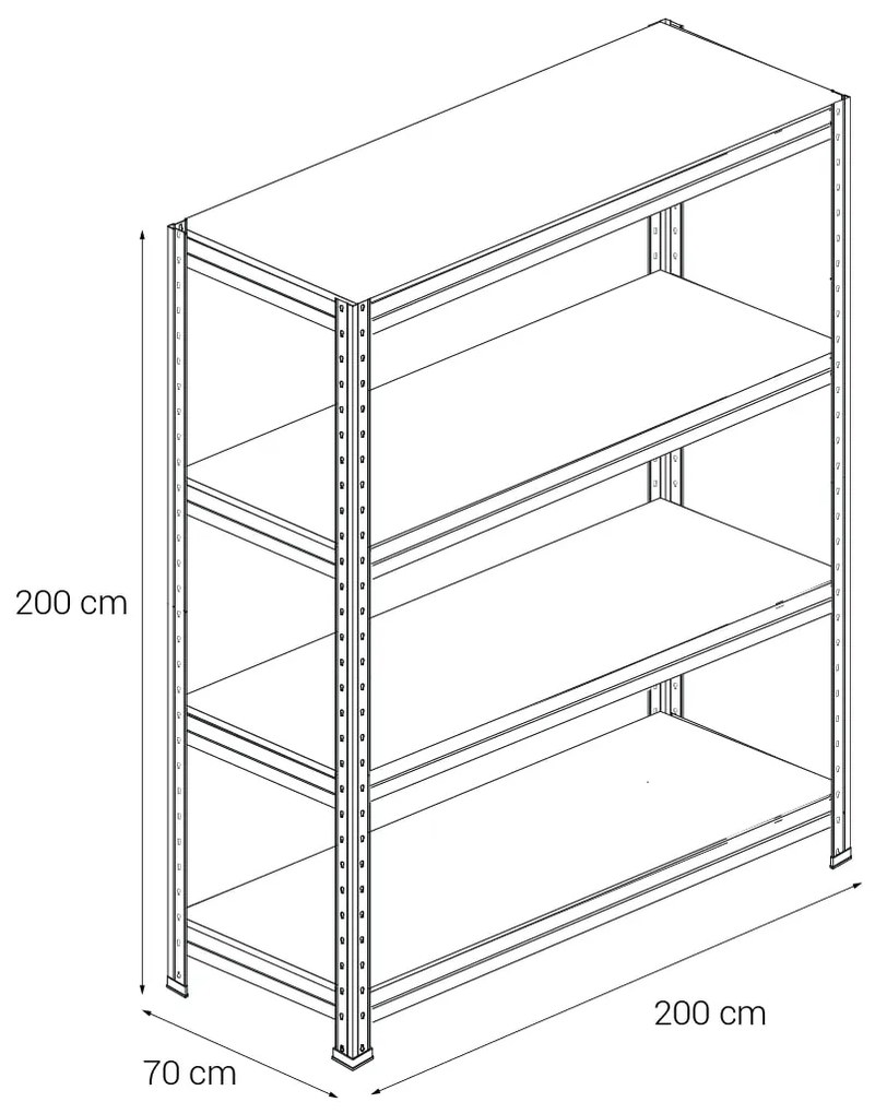 Kovový regál BULLRACK RIVET, 200x200x70 cm, 4x DTD polica, 600 kg na policu, zinok