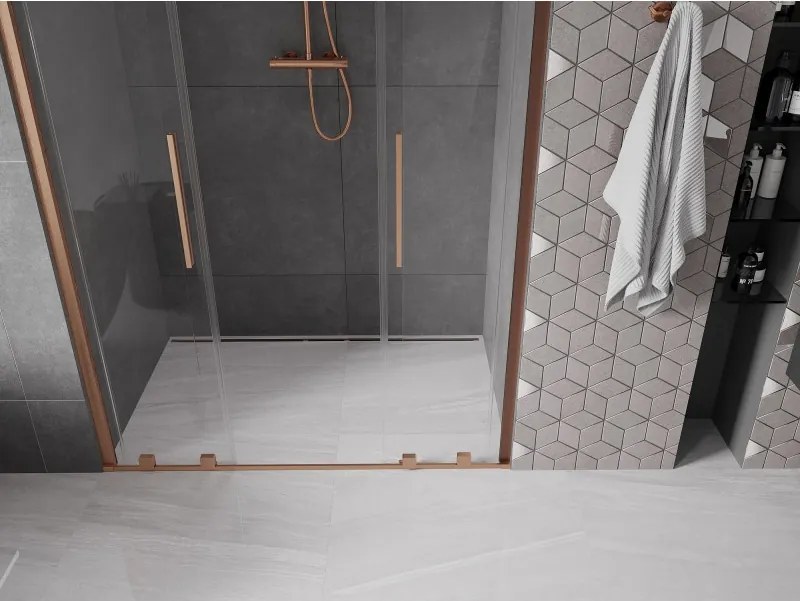 Mexen Velar Duo, posuvné dvere do otvoru 160x200 cm, 8mm číre sklo, medená matná, 871-160-000-02-65