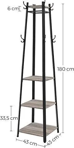 Vešiak na kabáty, vešiak na šaty s 3-úrovňovou policou, oceľový rám, šedo čierna farba