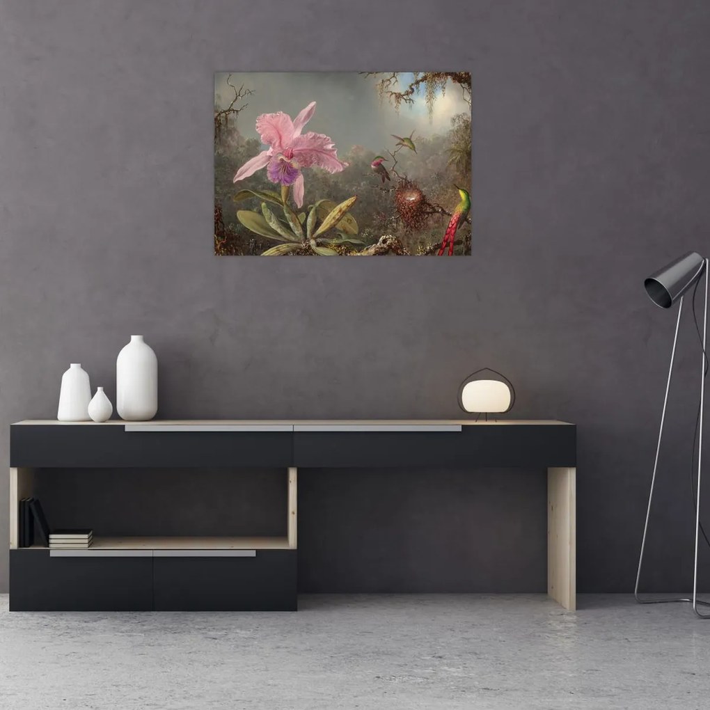 Sklenený obraz - Martin Johnson Heade, Cattleya Orchid and Three Hummingbirds, reprodukcia (70x50 cm)