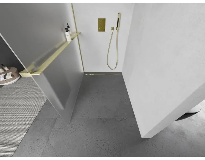 Mexen Kioto+, sprchová zástena Walk-In s poličkou a vešiakom 130 x 200 cm, 8mm sklo námraza, zlatý matný profil, 800-130-121-55-30