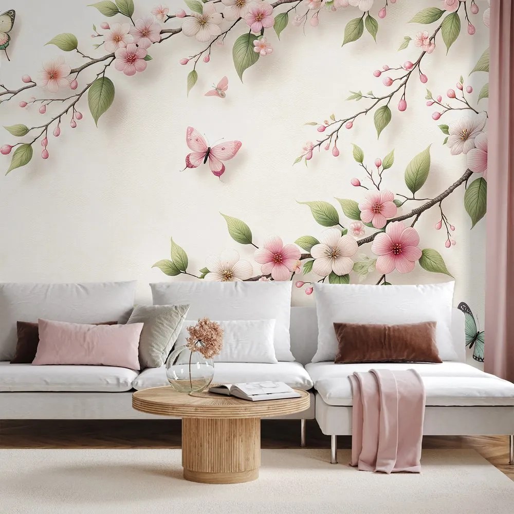 Fototapeta jemné ružové kvety a motýle