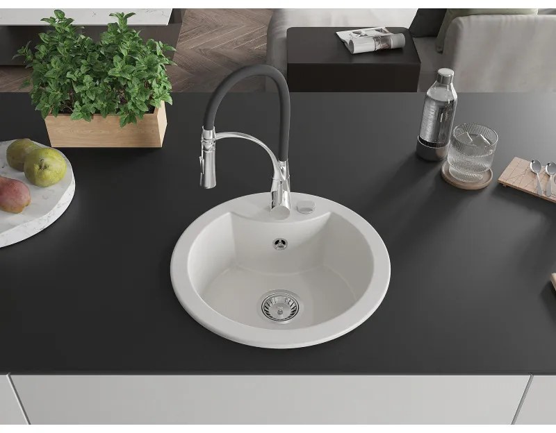 Mexen Diego, 1-komorový granitový drez 488x488x167 mm a drezová batéria Aster, biela, 6512-20-73450-07