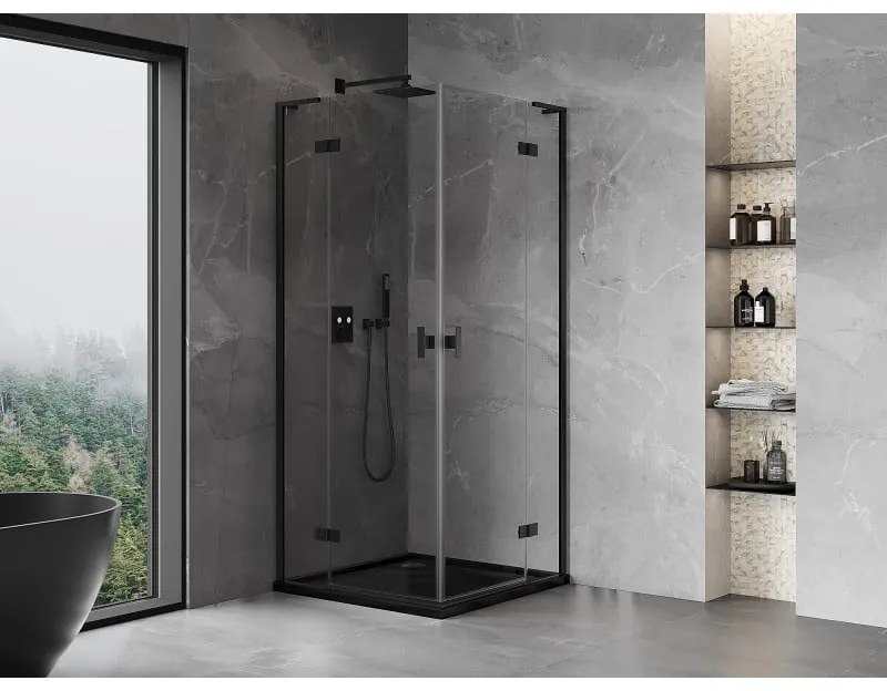 Mexen Mist-H L Duo, 2-krídlový sprchový kút 90 x 90 cm, číre sklo, čierny profil, 8A5L-090L-090P-70-00