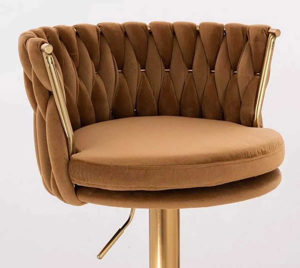 LuxuryForm DESIGN Barová stolička LYON VELUR na zlatej hranatej podstave - medová