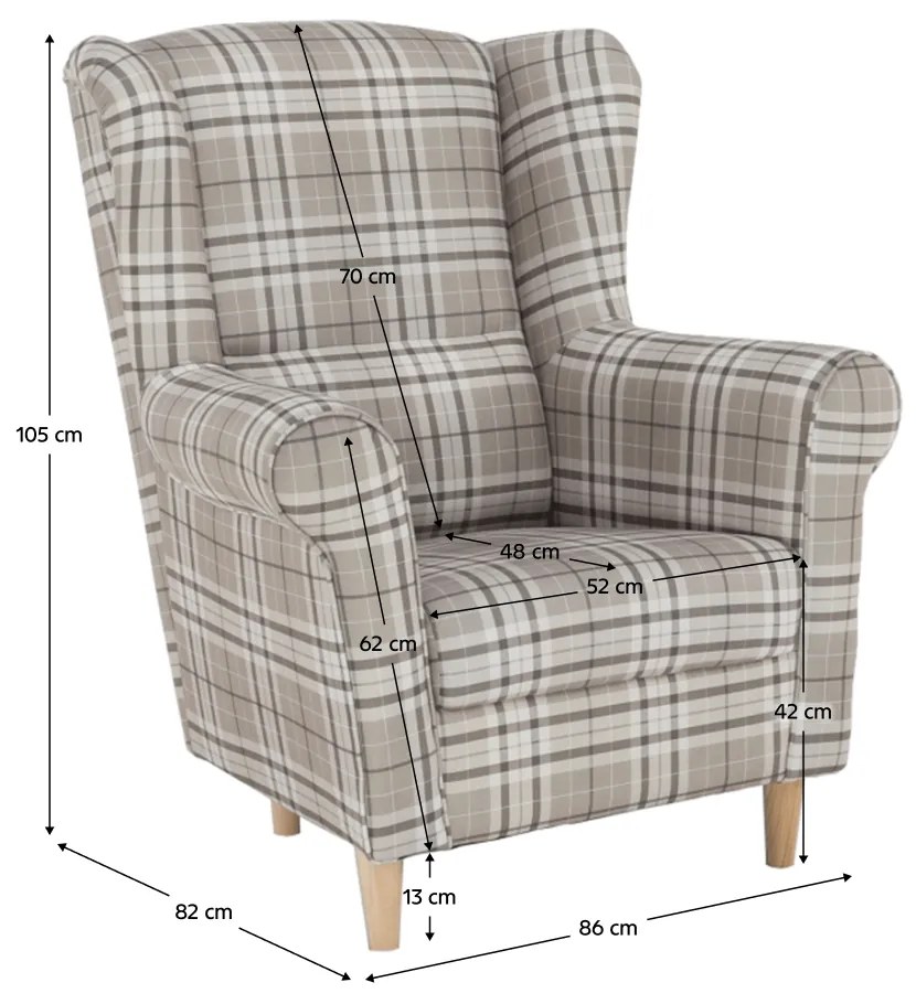 Tempo Kondela Kreslo ušiak, látka hnedé káro, CHARLOT