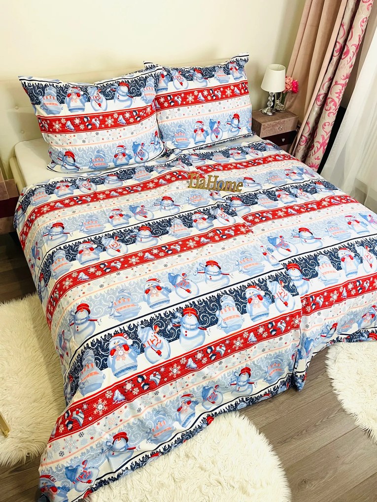 Obliečky bavlnené Vianočné Snowman modré TiaHome - 1x Vankúš 90x70cm, 1x Paplón 140x200cm