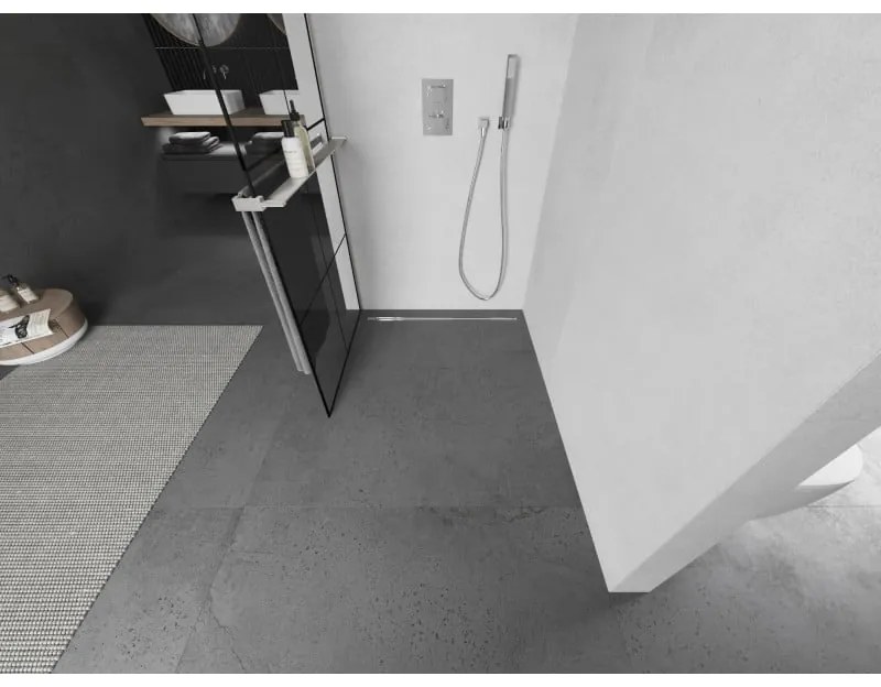 Mexen Kioto+, sprchová zástena Walk-In s poličkou a vešiakom 70 x 200 cm, 8mm číre sklo čierny vzor, brúsená oceľ profil, 800-070-121-97-77