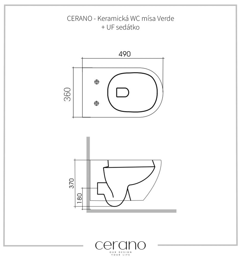 Cerano Verde, závesná WC misa Rimless 490x360x370 mm + UF toaletné sedátko, biela matná, CER-CER-417353
