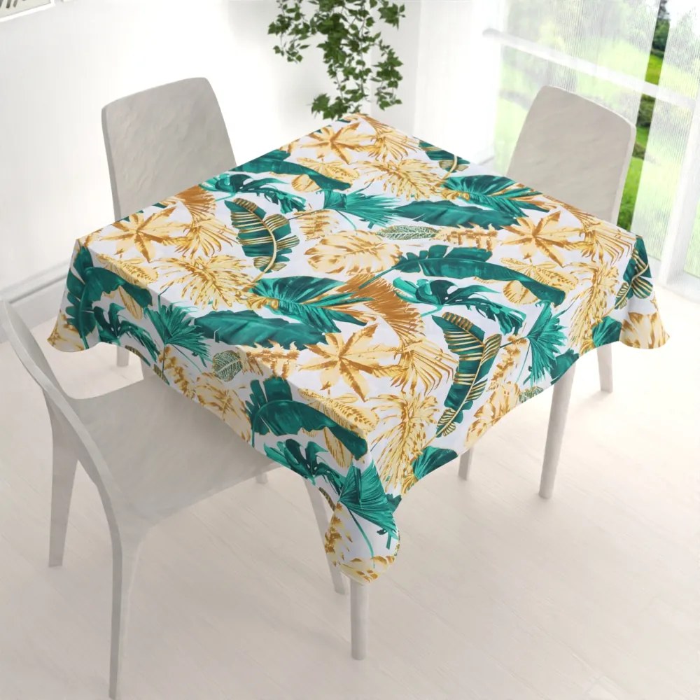 Biante Bavlnený štvorcový obrus Sandra SA-245 Zelené a zlaté tropické listy 70x70 cm