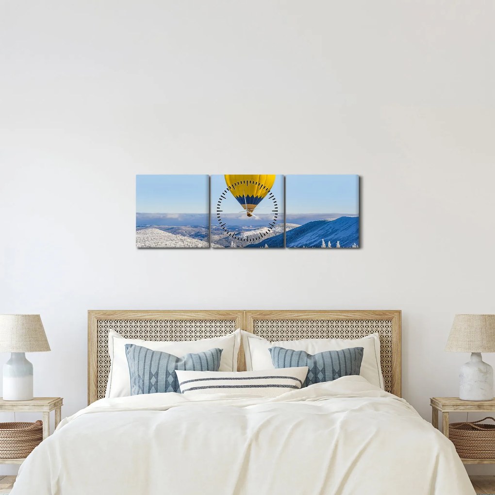 Obraz - Let nad zimnou krajinou (s hodinami) (90x30 cm)
