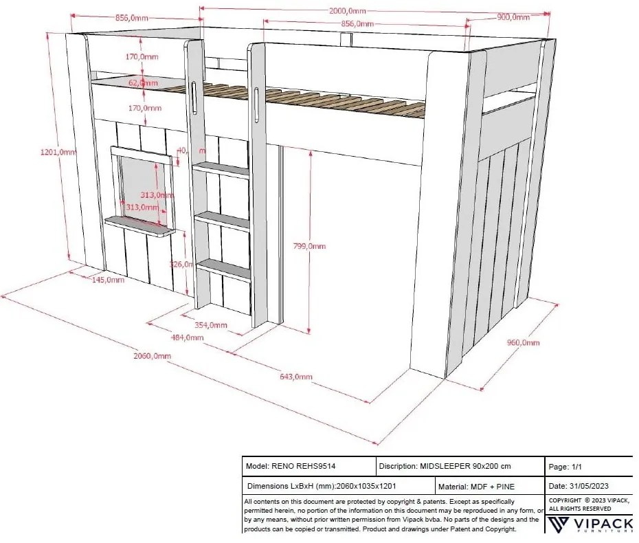 Biela vyvýšená detská posteľ z borovicového dreva 90x200 cm RENO – Vipack