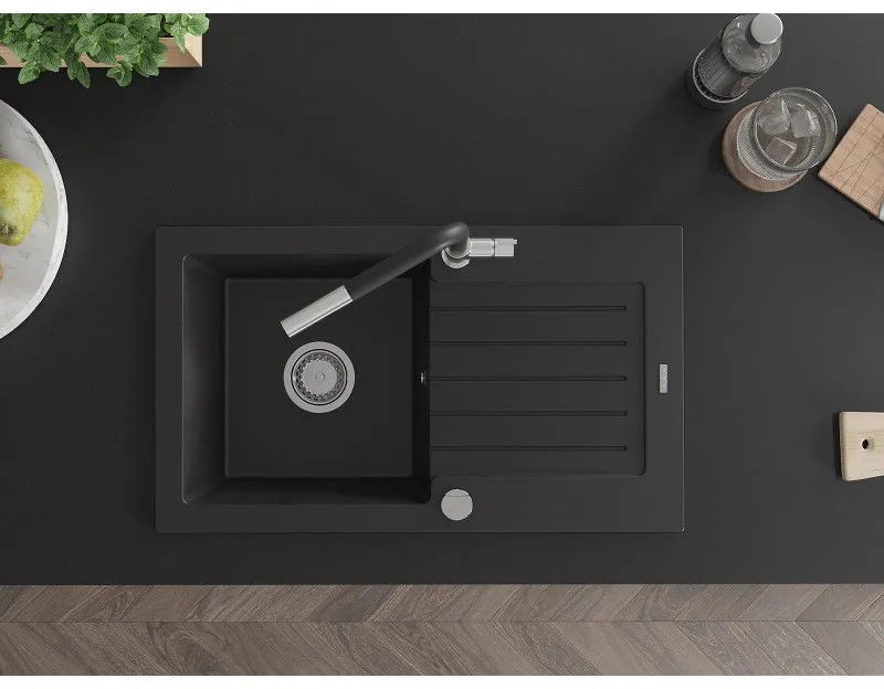 Mexen Pablo, 1-komorový granitový drez 752x436x161 mm a drezová batéria Flora, čierna, 6510-77-670401-07