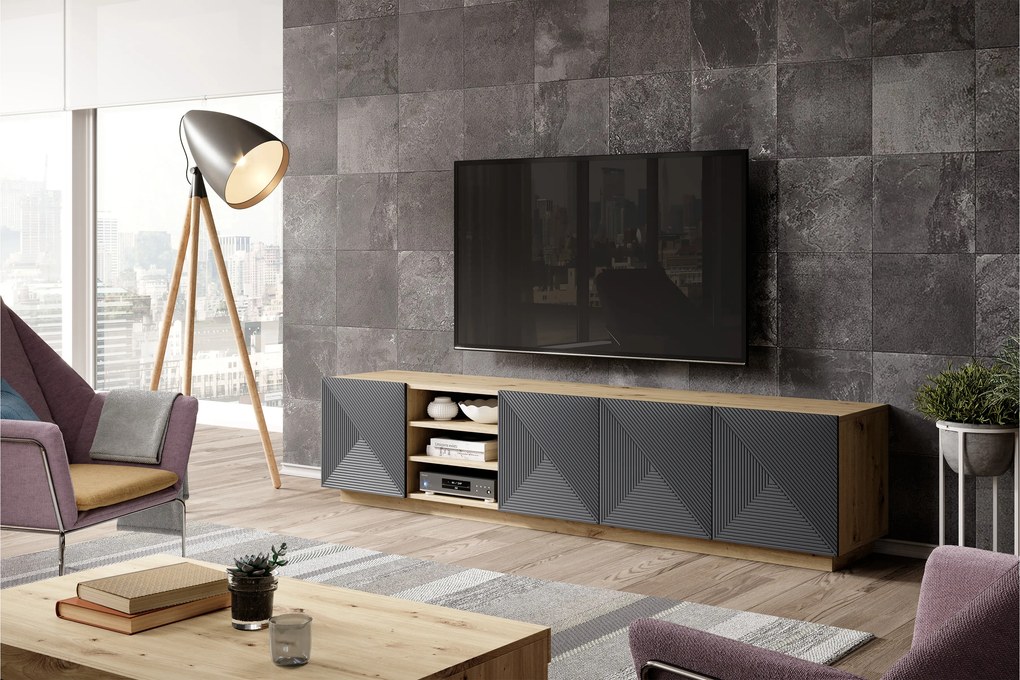 TV skrinka Asha 200 cm - dub artisan / rivier stone mat