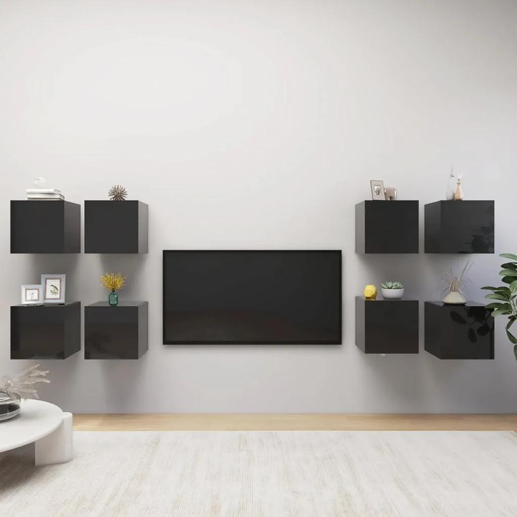 Nástenné TV skrinky 8 ks lesklé čierne 30,5x30x30 cm