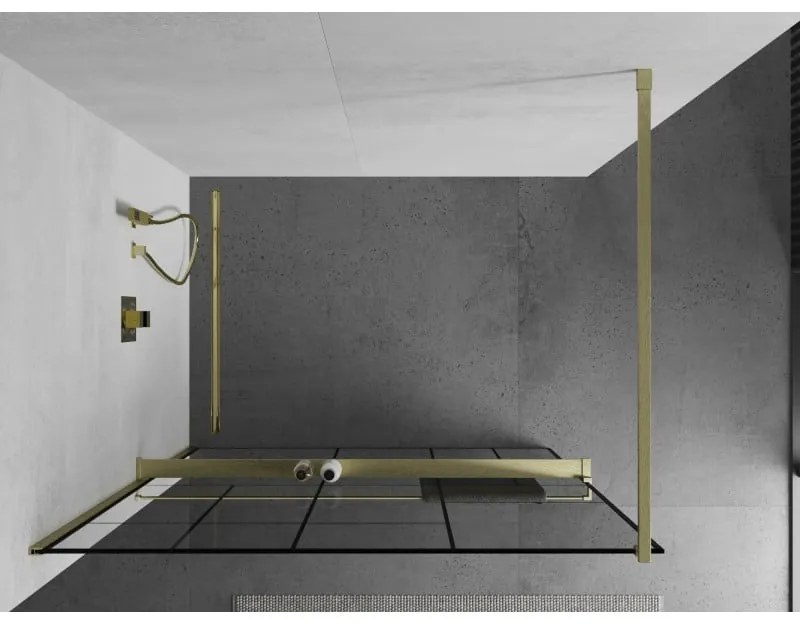 Mexen Kioto+, sprchová zástena Walk-In s poličkou a vešiakom 110 x 200 cm, 8mm číre sklo čierny vzor, zlatý matný profil, 800-110-121-55-78