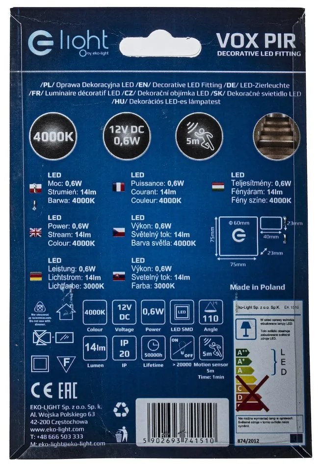 Schodiskové LED svietidlo Vox, 1x LED 0,6w, 4000k, s, pohybový senzor