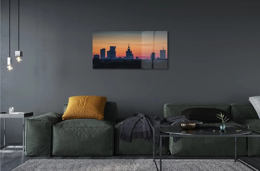Sklenený obraz Sunset panorama Varšavy 125x50 cm
