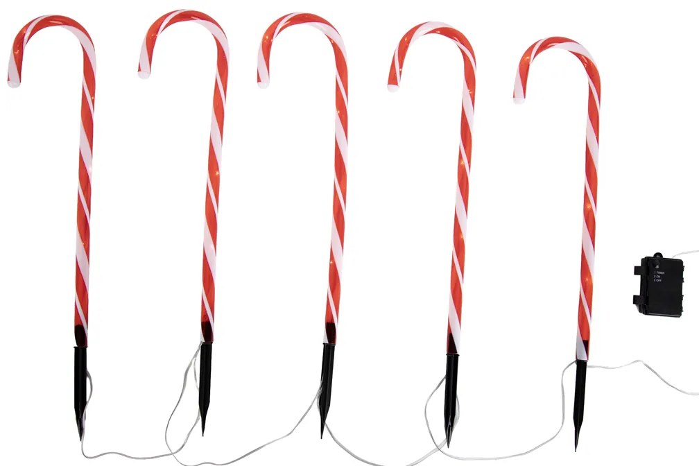 Sada 5 vianočných kolíkových svetiel červená s bielou cukrovou trstinou vrátane LED s časovačom IP44 - Melchior