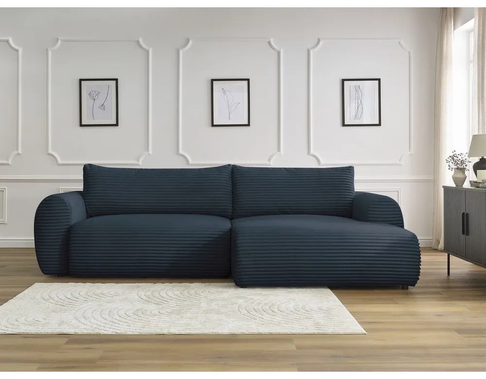 Tmavomodrá menčestrová rozkladacia rohová pohovka (pravý roh) Lucien – Bobochic Paris