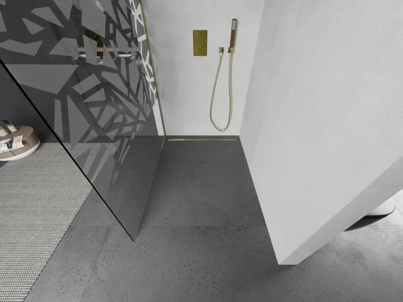 Mexen Kioto, sprchová zástena Walk-In 130 x 200 cm, 8mm číre sklo biely vzor, zlatý matný profil, 800-130-101-55-85