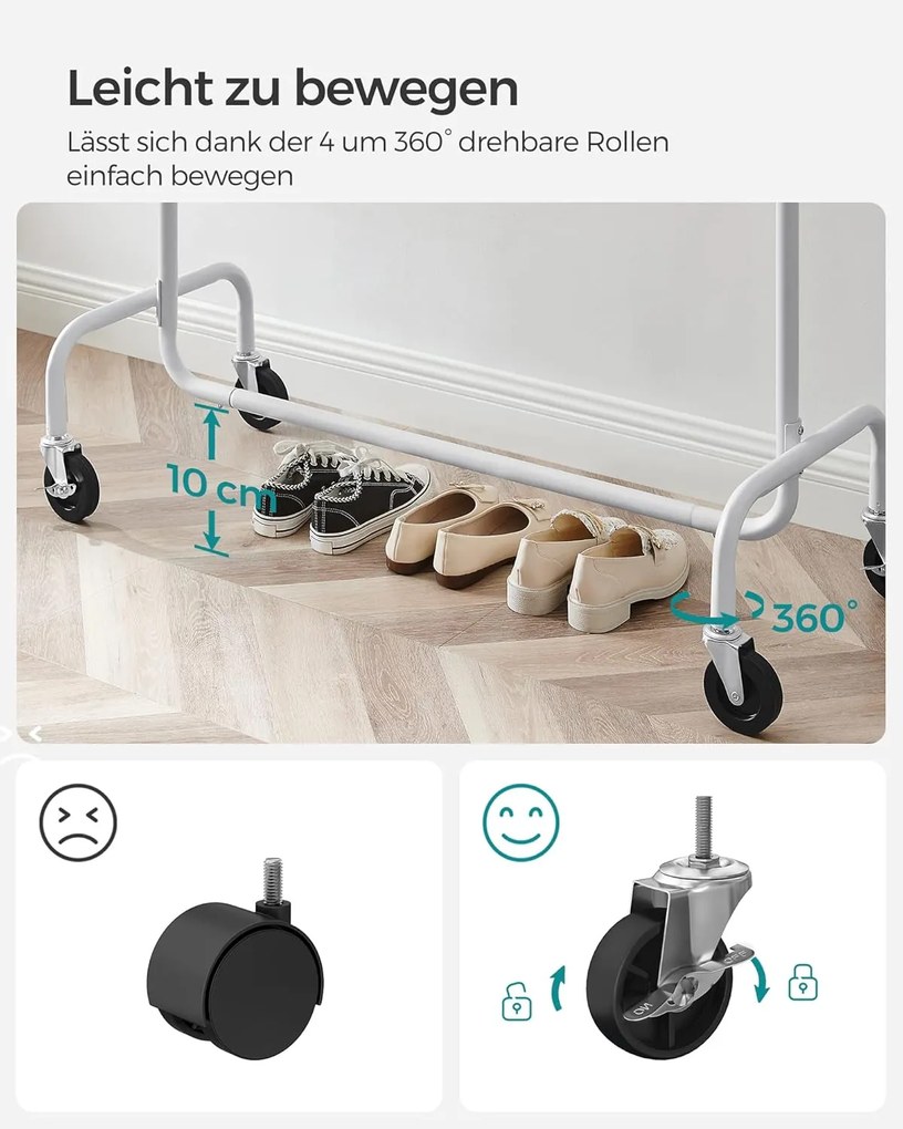 SONGMICS mobilný vešiak na oblečenie, vysúvacia šatníková tyč, max. 130 kg nosnosť, matná biela