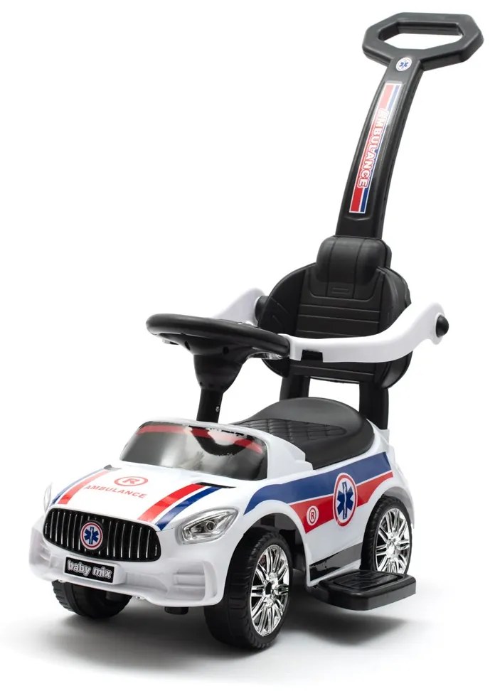 Detské odrážadlo so zvukom a vodiacou tyčou Baby Mix AMBULANCE biele