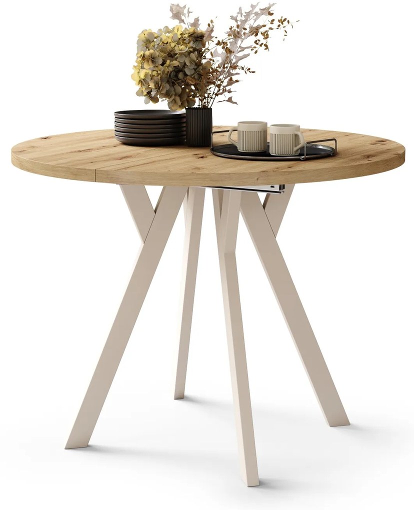 ALMO 100 Dub Artisan/béžové nohy - OKRÚHLY LOFTOVÝ/INDUSTRIÁLNY ROZKLADACÍ STÔL DO OBÝVAČKY/JEDÁLNE