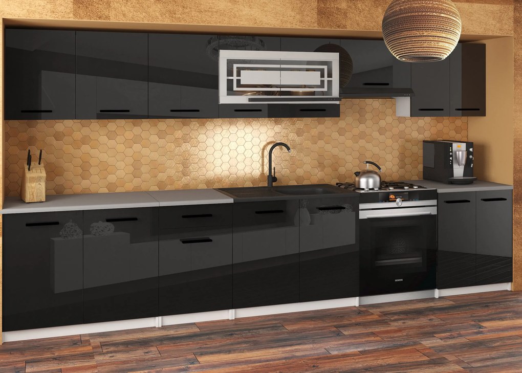 Kuchynská linka JUSTYNA 260 cm čierny lesk s pracovnou doskou