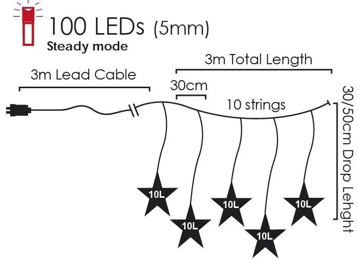 ACA Lighting LED vianočné záves Hviezdičky, 3x3m, teplá biela, IP44, 100 LED