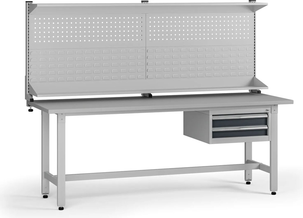 Výškovo nastaviteľný dielenský stôl G5 s nadstavbou, 2100 x 750 x 800-1000 mm, 1x kontajner, 2 zásuvky, grafit