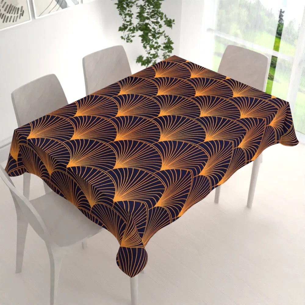 Biante Bavlnený obdĺžnikový obrus Sandra SA-504 Oranžové vejáre na tmavo modrom 120x160 cm