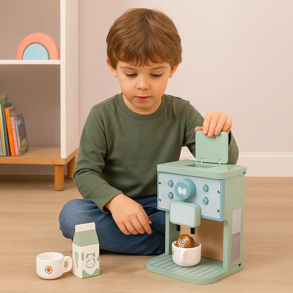 Drevený detský kávovar ECOTOYS – sada baristu 8 dielov