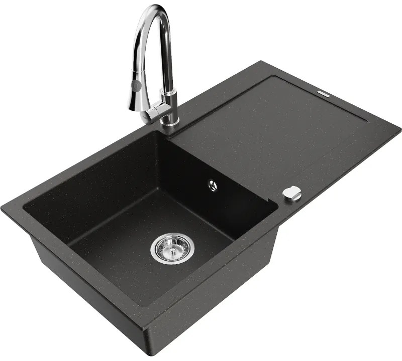 Mexen Leo, 1-komorový granitový drez 900x500x190 mm a drezová batéria Elia, čierna-zlatá metalíza, 6501-75-670101-00