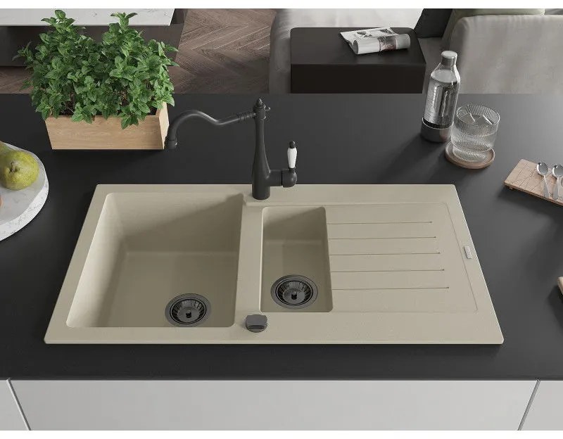 Mexen Matias, granitový drez 900x505x200 mm, 1,5-komorový a drezová batéria Carla, béžová, 6502-69-670700-70