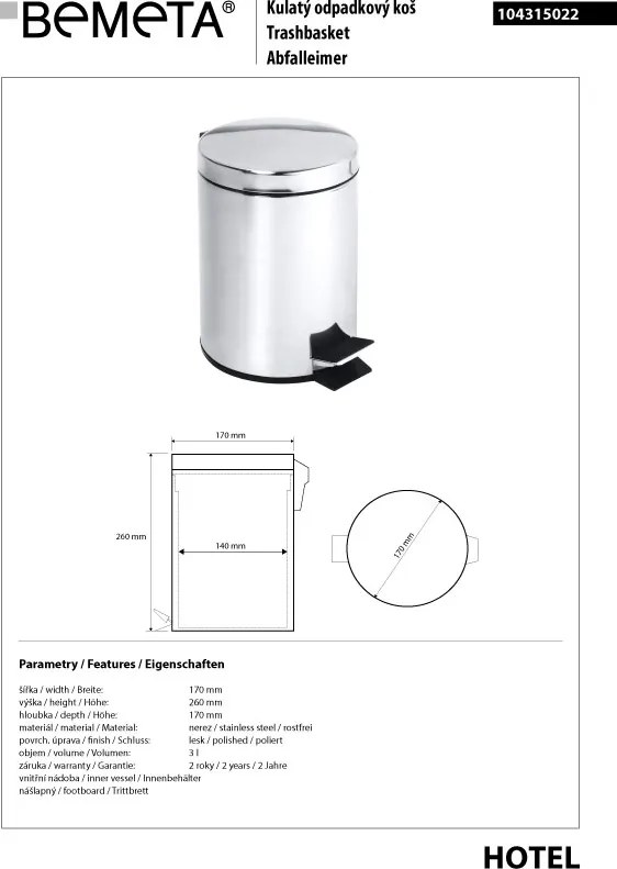 Bemeta Design Odpadkový kôš, 3 l, nerez, lesk - 104315022