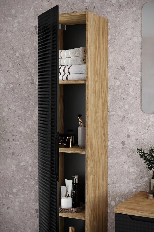 Vysoká závěsná koupelnová skříňka LUXOR BLACK 80-01-1D černá/dub olejovaný