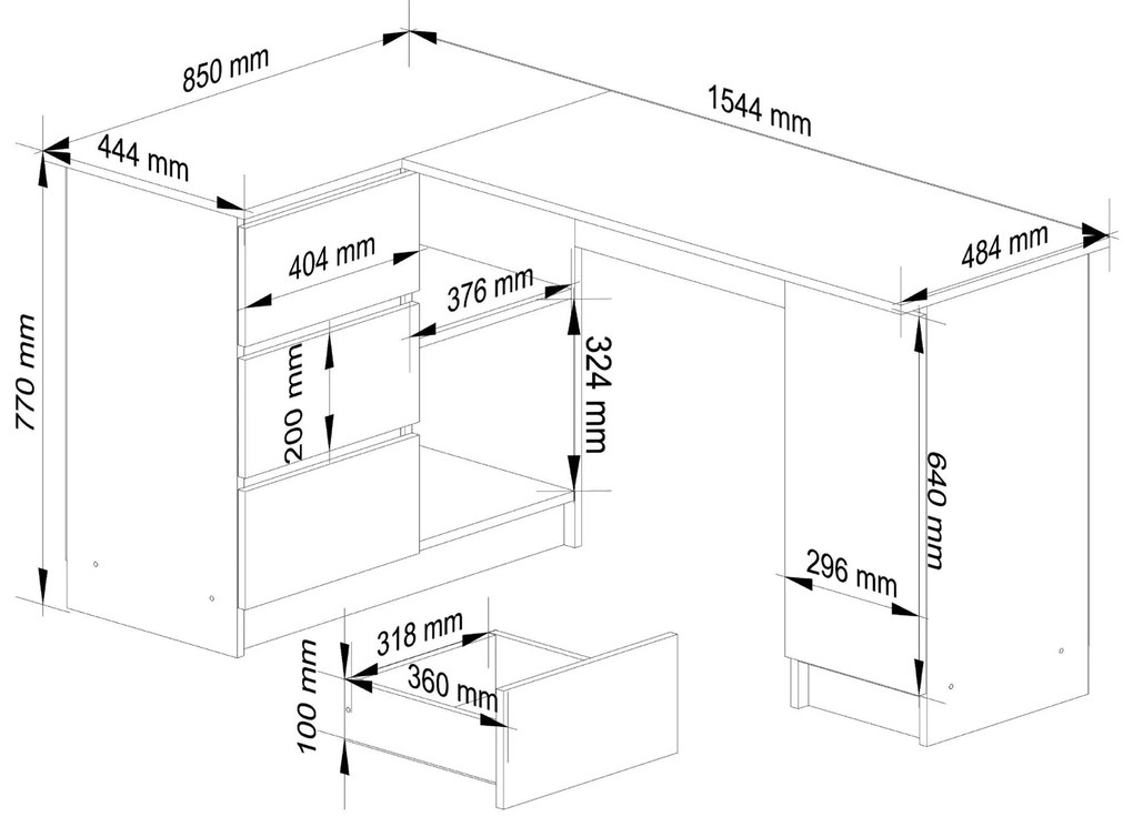 Rohový písací stôl B20 155 cm bílý/dub sonoma levý