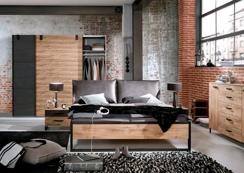 Šatník s posuvnými dverami Detroit, 250 cm, doskový dub / antracitová oceľ