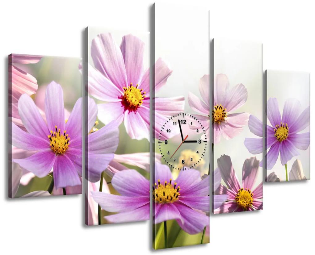 Gario Obraz s hodinami Jemné kvety - 5 dielny Rozmery: 150 x 105 cm