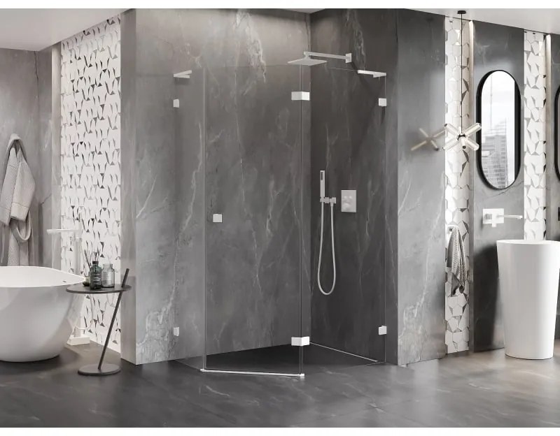 Mexen Lunar, L pravý výklopný päťuholníkový sprchový kút 100 x 90 cm, 8mm číre sklo, biely profil, 831L-100P-090L-20-00-P