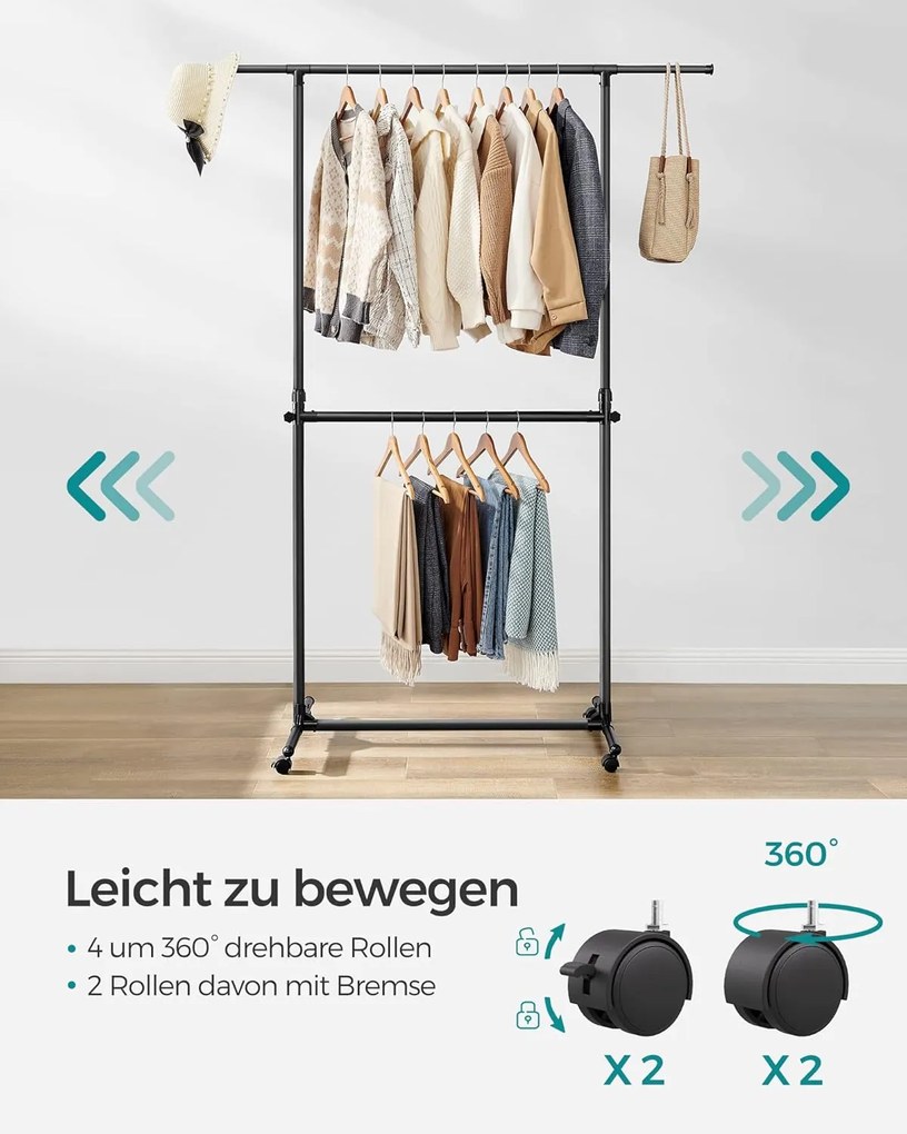 Dvojitý vešiak na oblečenie, nastaviteľná horná tyč, s kolieskami, 113-180 cm, čierny